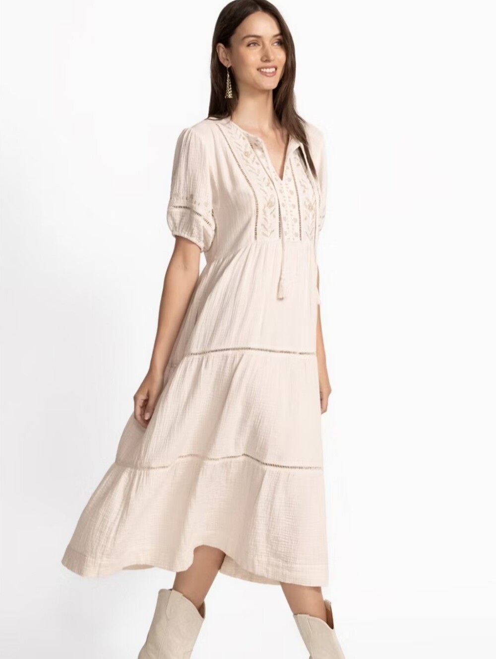 Johnny Was Calme Light Cream Boho Midi Dress with Tassel Tie